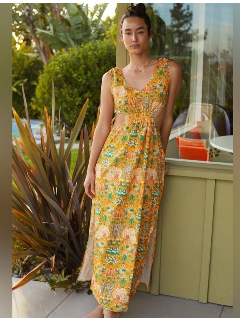 NWT Anthropologie Maeve Marie Column Maxi Dress Large Yellow Floral Cutout